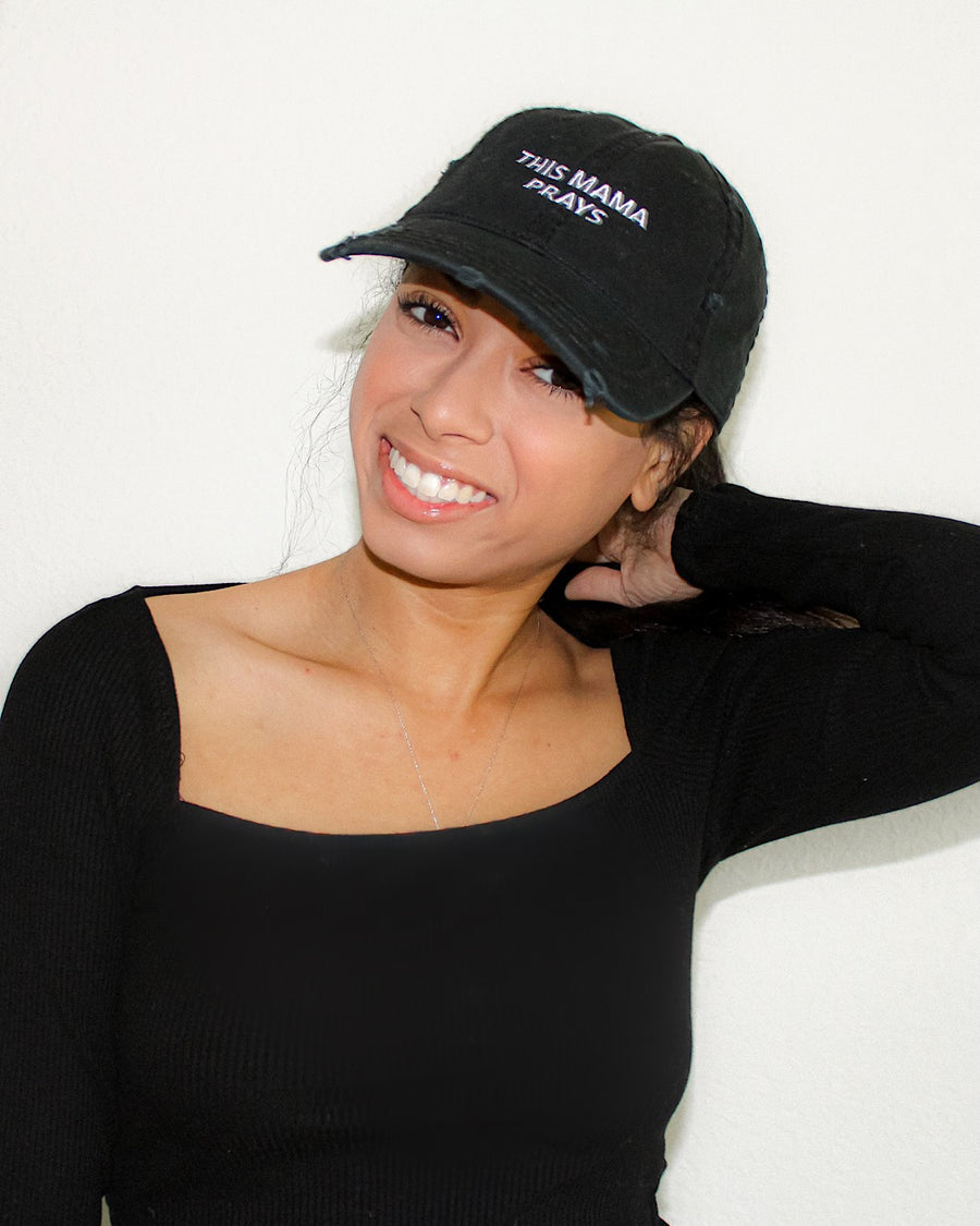 This Mama Prays Black Distressed Mom Hat