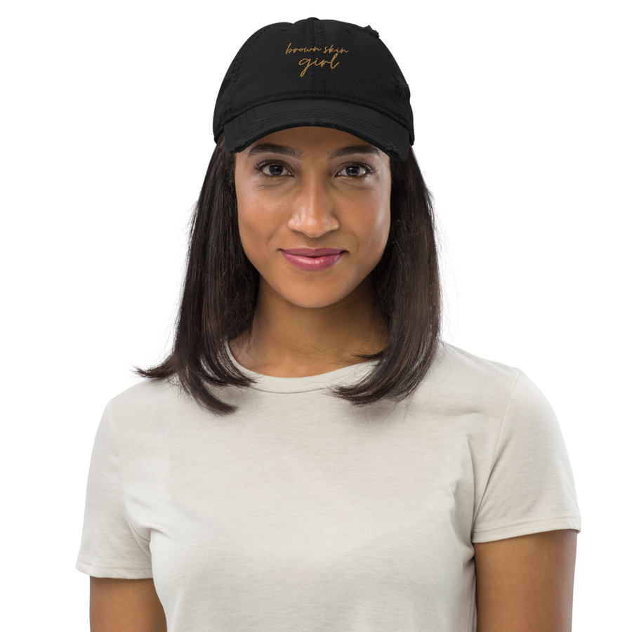 Brown Skin Girl Black Distressed Mom Hat