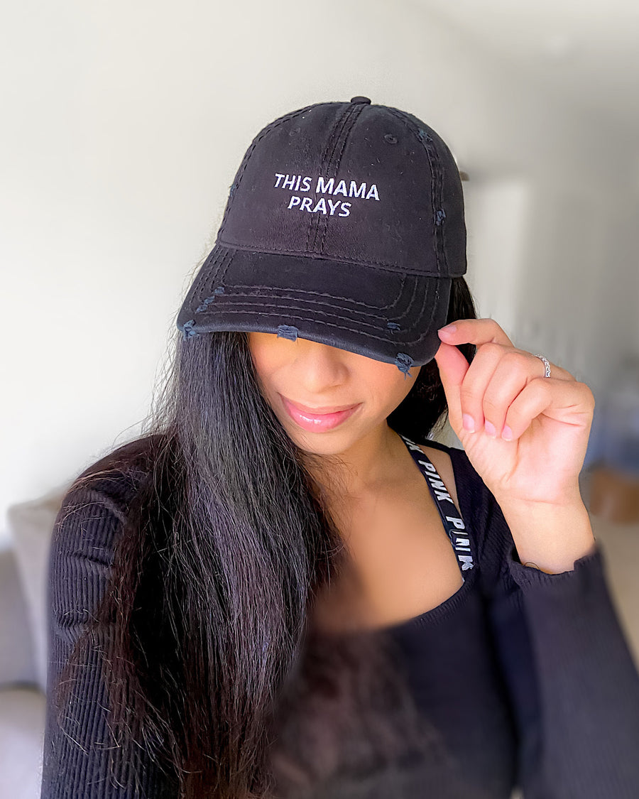 This Mama Prays Black Distressed Mom Hat