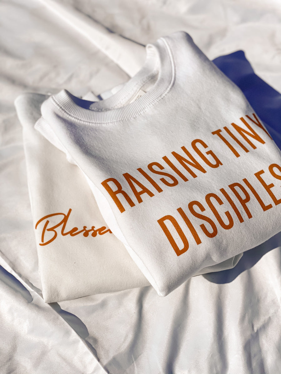 Adult Raising Tiny Disciples White Sweatshirt